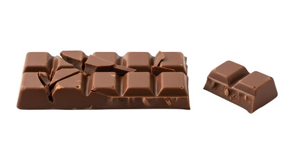 Obraz premium A broken chocolate bar with a broken piece, isolated on white or transparent background. PNG