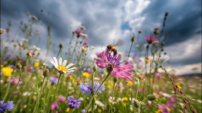 Bee pollinating colorful wildflowers in a meadow under a dramatic cloudy sky
