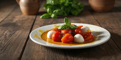 Mediterranean-style Caprese dish with tomato, mozzarella, basil, black olives, and olive oil arranged on a rustic wooden surface