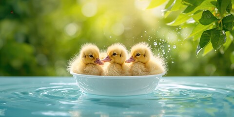Small fluffy ducks in water bowl, water safety for animal care, spring season