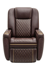 Plush brown leather reclining theater seat with quilted stitching and cup holders
