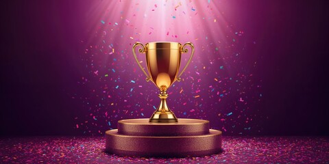 Gold champion cup with colorful falling confetti on purple background, stage and podium, celebration of achievement