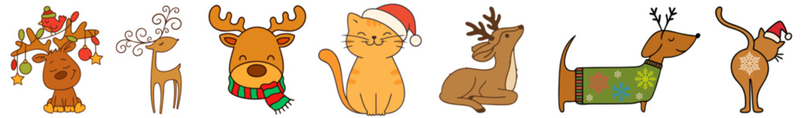 Christmas Animals Collection. Holiday Reindeer, Moose, Cats and Dogs with Santa Hats, Scarves, Ornaments and Festive Winter Decorations