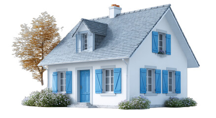 A charming white cottage with blue shutters and a bare tree