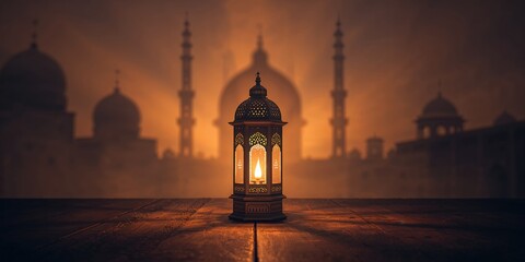 Decorative lantern resting on rustic wood surface with detailed backdrop for Ramadan Kareem observance, cultural lighting