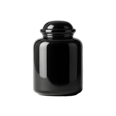 A glossy black apothecary jar with a rounded lid sits isolated on a black background