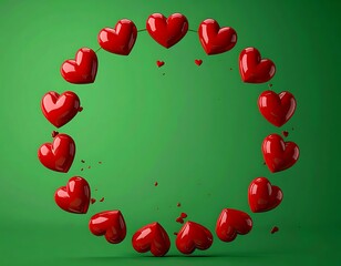 Glossy red hearts form a ring against a vibrant green backdrop, creating a simple and romantic design