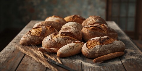 Variety of crusty and soft bread loaves arranged on a table, suitable for bakery marketing or artisanal bread promotion, National Bakery Week
