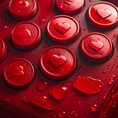 Glossy red heart-shaped buttons arranged in a grid pattern with liquid droplets on a matching red surface