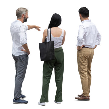 Three people standing and looking at something seen from back angle, isolated on white and transparent background