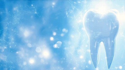 Bright white tooth shines in blue light with sparkling bokeh effect showing dental health and care tips for viewers