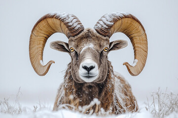 Obraz premium Majestic ram with large horns in a snowy landscape Generative AI