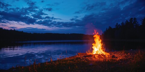 Midsummer night by a tranquil lake showing reflective water and starry sky for landscape imagery