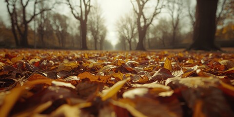 Low angle shot of fallen yellow and rusty leaves scattered across a park ground in autumn, seasonal transition