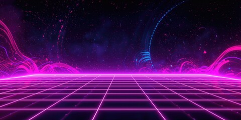 Neon perspective grid with a cyberpunk backdrop and abstract 1980s retrowave elements, suitable as a background for digital content, retro theme, Earth Day