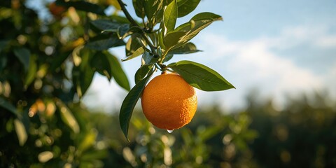 Naklejka premium Orange fruit on tree, natural ripening process during seasonal change