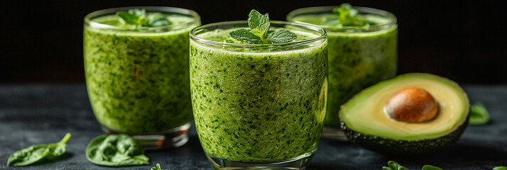 Fresh green smoothie with avocado and spinach served in glasses Generative AI