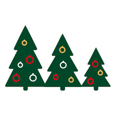 Fototapeta premium A cute and simple illustration of three green Christmas trees with colorful ornaments.