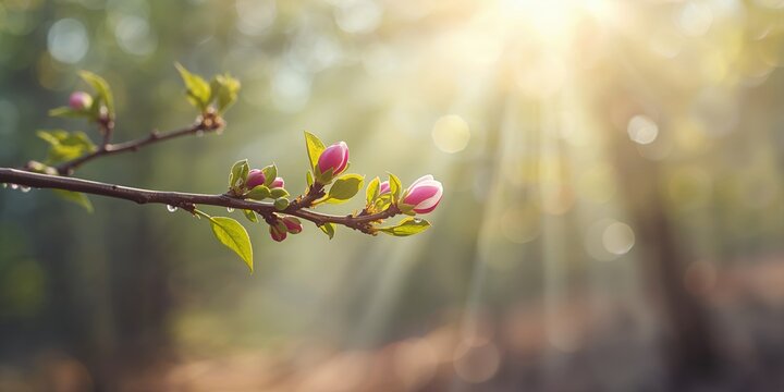 Branch with budding and fresh green leaves, highlighting early spring development and plant health - Powered by Adobe