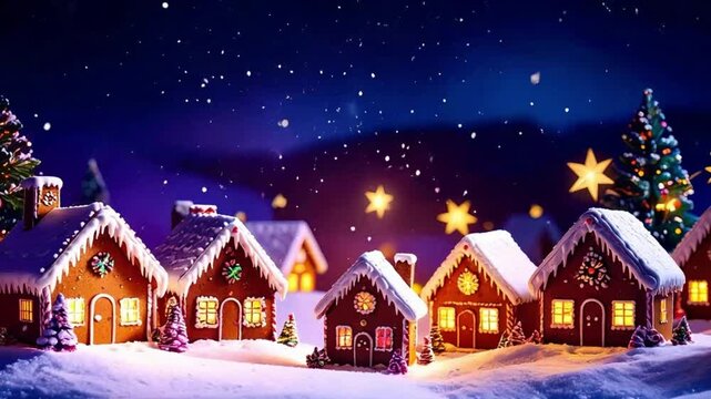 christmas and new year holidays concept.dark blue background with images of gingerbread houses with icing. Golden stars in the background.
