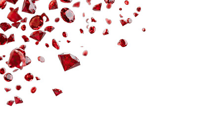 Scattered, glistening, faceted crimson shards cascade against a stark black backdrop
