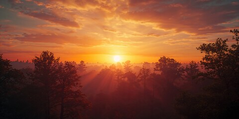 Obraz premium Evening light casting warm tones across a woodland scene, ideal for nature-themed layouts