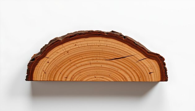 A large tree stump with visible rings of growth. Positioned in front of the stump is a thin section cut from it, revealing the distinct patterns of the wood's annual growth rings