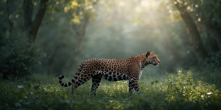 Amur leopard walking through dense woods, highlighting habitat preservation, Earth Day