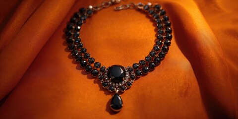 Elegant black stone jewelry piece resting on colorful orange cloth, ideal for fashion accessory showcase