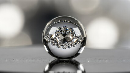 Elegant Diamond Ring Resting on a Reflective Surface.
