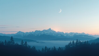 Abstract boho-inspired mountain scene featuring trees and moon, ideal for interior wall decor in living spaces