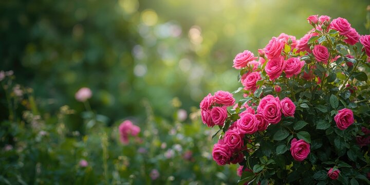 Bush of blooming hot pink mini garden roses with green leaves, suitable for floral arrangement design