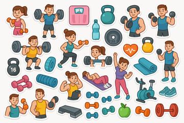 Diverse cartoon fitness characters and equipment in colorful workout scenes