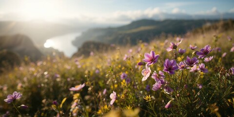 Colorful wildflowers blooming in a river valley landscape, Oregon, highlighting natural preservation