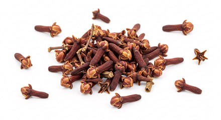 Obraz premium Close up of dried cloves spices arranged on a bright white background