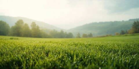 Fototapeta premium Green grass in a natural outdoor setting used as a background for text and layout, Earth Day