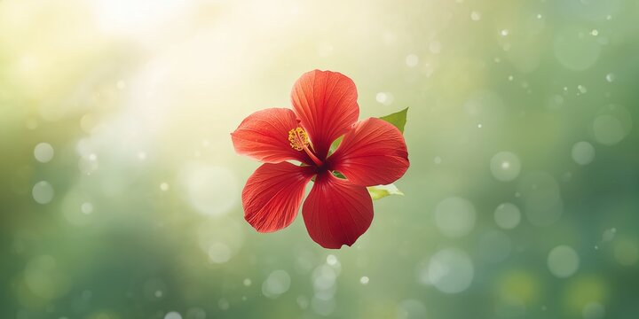 Soft-focus tropical Hibiscus flower against vibrant green foliage, ideal for background use in layouts or visuals