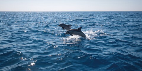 Pair of dolphins leaping out of water used as an energetic marine background for aquatic theme layouts