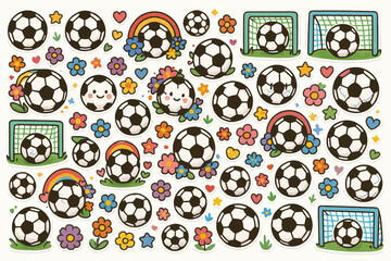 Colorful soccer-themed design with balls, goals, and flowers