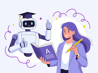 Robot and teacher studying together with book and pencil