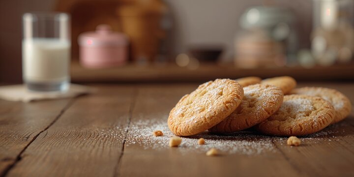 Close-up of butter cookies on a rustic wooden table, highlighting baked goods and kitchen setting - Powered by Adobe