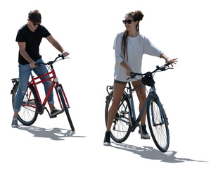 Man and woman on bicycles stopping and looking around, isolated on white and transparent background