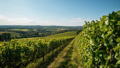 Naklejka premium Vineyard rows in the Reims mountain regional nature park, highlighting regional agricultural practices