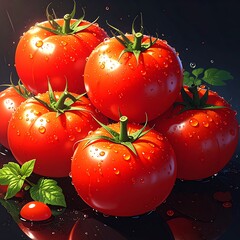 Glossy red tomatoes piled high with water droplets sit upon a reflective surface. Fresh basil leaves are nearby