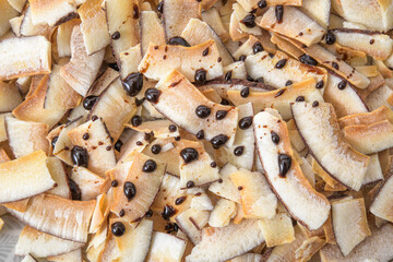 Toasted coconut slices topped with dark chocolate droplets.