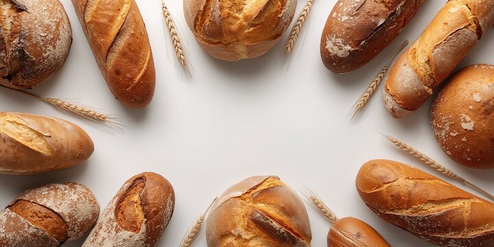 Selection of different artisan breads with wheat ears on white surface, bakery product showcase - Powered by Adobe