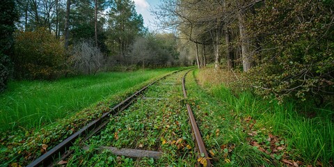 Old tramway metallic rails overgrown with plants beneath a sky, urban decay and nature reclaiming infrastructure