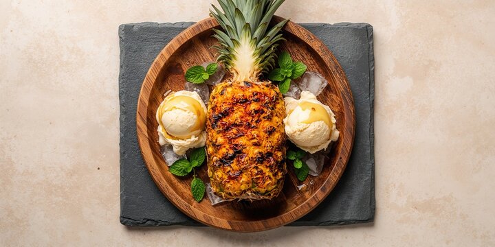 Grilled pineapple with scoops of ice cream, a refreshing dessert highlighting caramelization and cold serving style