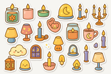 Cute cartoon candle stickers featuring lamps, lanterns, and cozy lit elements