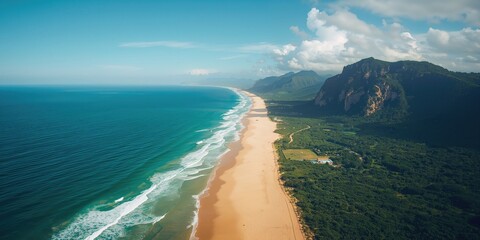 Birds-eye view of Atalaia beach highlighting sand and water interaction, ideal for travel imagery